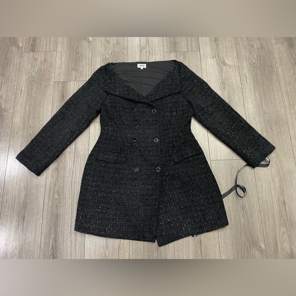 HEIRESS BEVERLY HILLS Black tweed off the shoulder long sleeve blazer mini dress